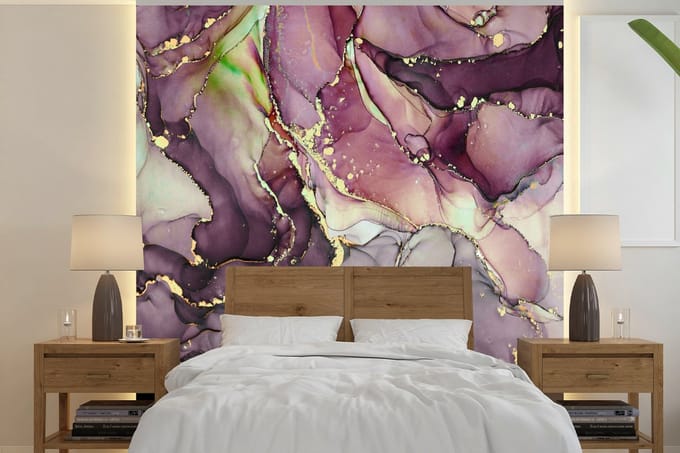 Behang - Fotobehang Marmer - Rood - Paars - Goud - Breedte 280 cm x hoogte 280 cm