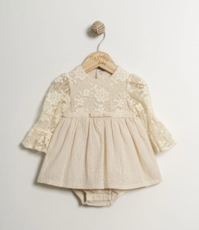 Baby Meisjes Romper Jurk Beige – Kant & Tule – Lange Mouwen – Maat 62 t/m 80