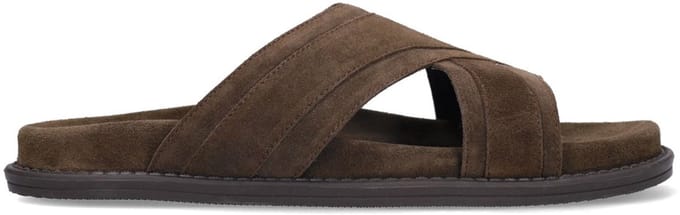 Manfield - Heren - Donkerbruine suède slippers - Maat 45