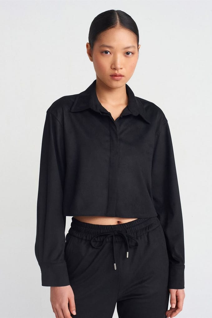 Dames Geplooide Faux Suede Knop Shirt