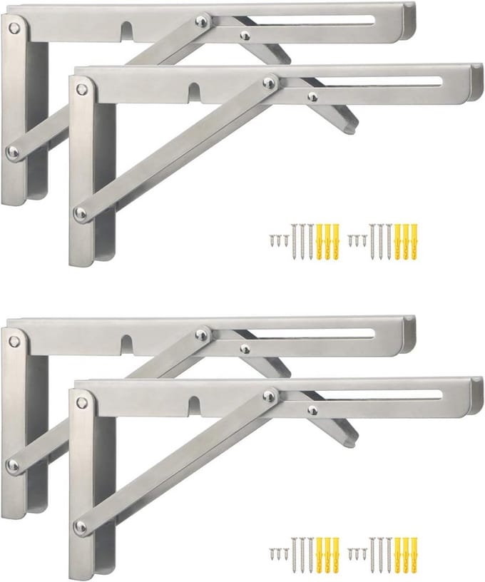 RVS Vouwbare Wandplank Beugels (4 stuks) - Zware Kwaliteit - 10 inch - Inclusief Schroeven