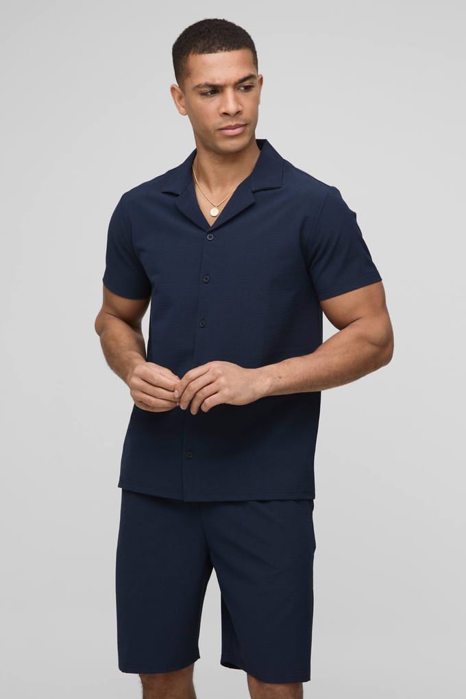 Regular Fit Seersucker Streep Overhemd & Shorts Set | Navy | Size XS