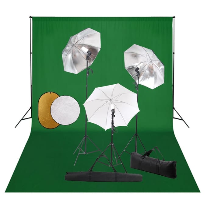 vidaXL - Fotostudioset - met - lampen, - paraplu's, - achtergrond - en - reflector