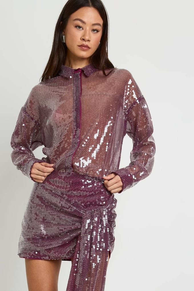 boohoo Dames Lang transparante pailletten gedrapeerde mini-overhemdjurk | Wine | Maat: 14