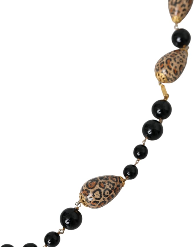 Gouden Toon Messing Zwarte Geprinte Kralen Lange Ketting