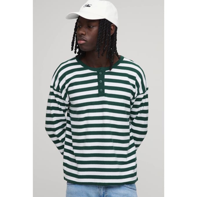 Regular Fit Henley Gestreept Gebreid T-shirt Met Lange Mouwen | Forest | Size Medium