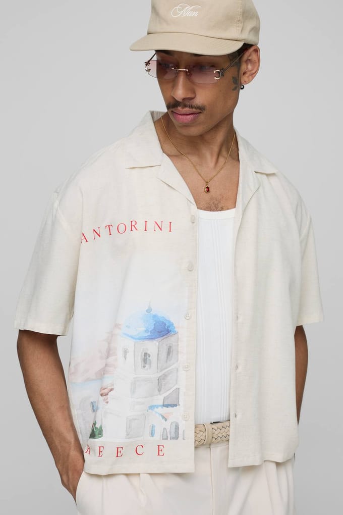 Oversized Boxy Linen Blend Landscape Shirt | Ecru | Size Medium