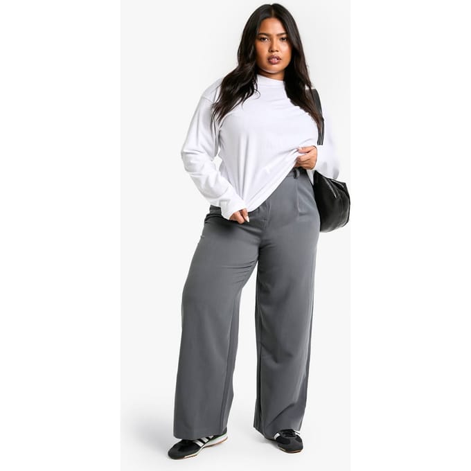 Dames BOOHOO BASICS PLUS BREDE BEEN GETAILLEERDE BROEK | Houtskool | Maat: 56