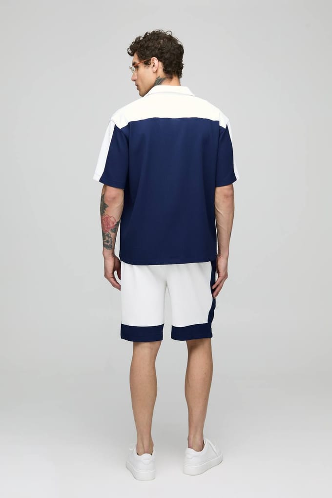 Oversized Geplooid Korte Mouwen Panel Shirt & Shortset | Navy | Size Medium