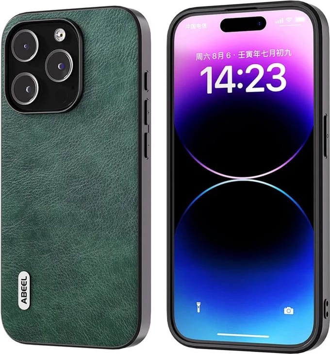ABEEL – iPhone 15 Pro Max – Backcover hoesjes - Cowhide Leather - TPU - Litchi - Anti-Scratch - Groen