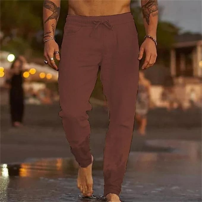 Pantalon long en coton et lin à taille élastique pour homme, pantalon décontracté ample S blanc