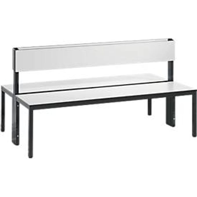Basic Plus bank, 2-zijdig, rugleuning, zonder schoenenrek, 4-poots frame zwartgrijs RAL 7021, B 1500 mm, decor wit
