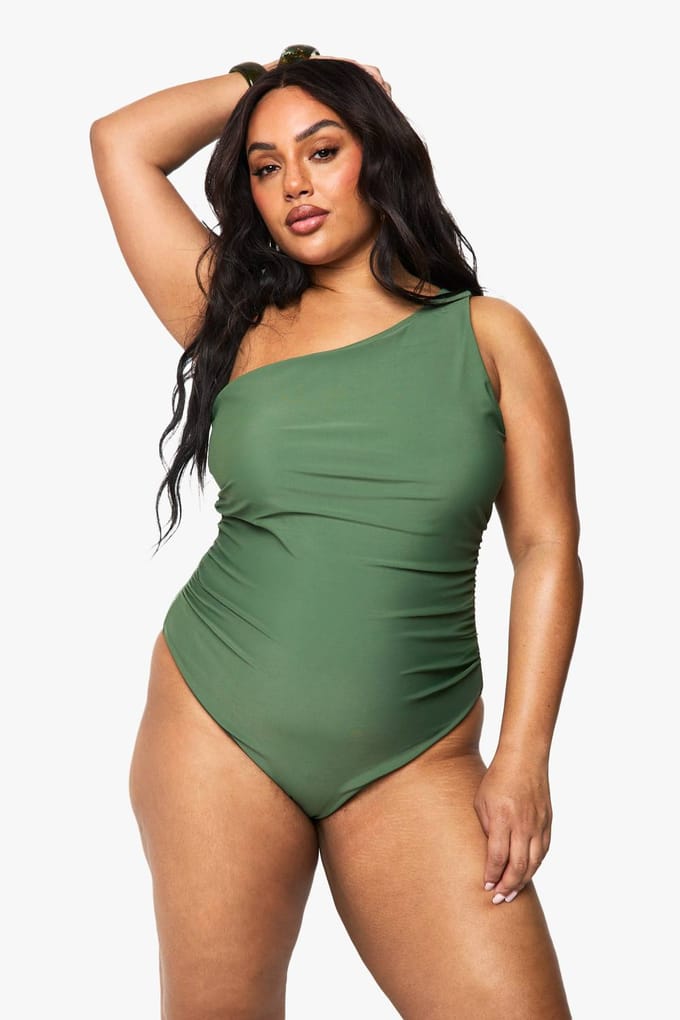 boohoo Dames Plus Tummy Control een-schouder badpak | Khaki | Maat: 22
