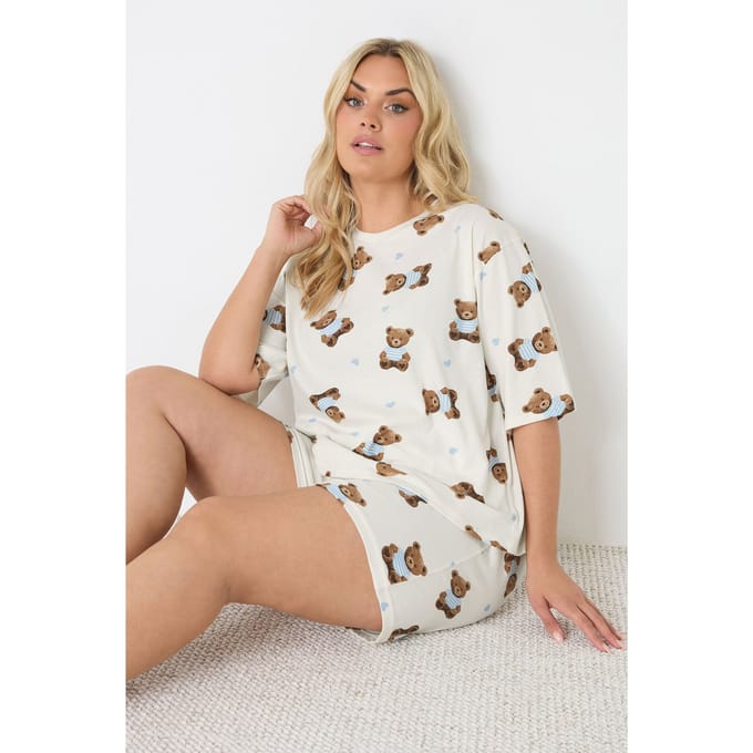 Yours Ivoorwitte Teddy Korte Pyjamaset Size 46-48