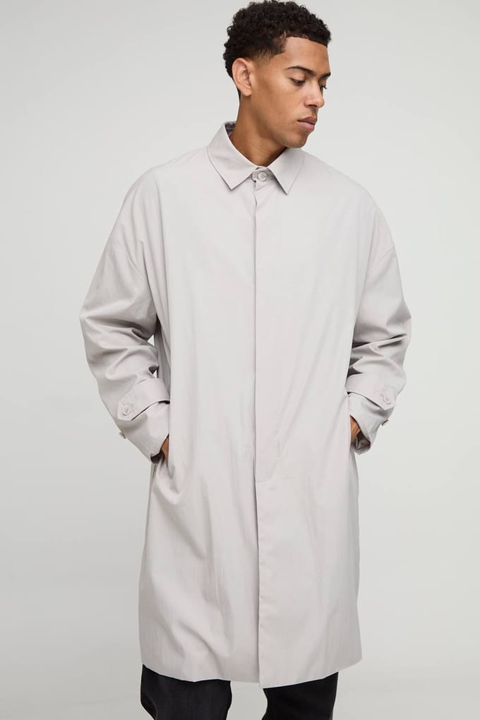 Oversized Fit Single Breasted Nylon Car Coat | Grey | Size Medium