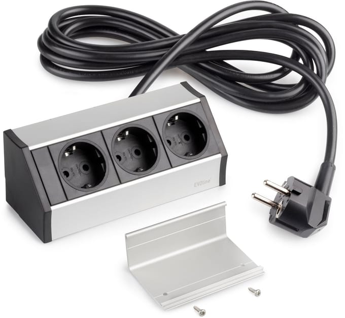 Emuca opbouw multistekkerdoos V Dock, 3 x Schuko-aansluiting, Plastic en Aluminium, Matt geanodiseer