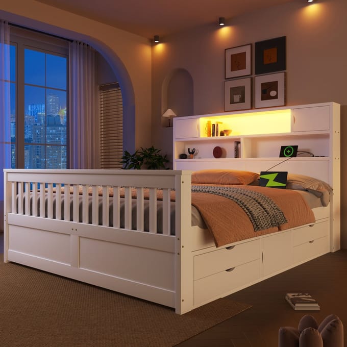 MODFU - Platformbed - Met Opbergruimte En LED-Verlichting - Modern - Slaapkamer - MDF En Multiplex - Wit - 160 x 200 cm