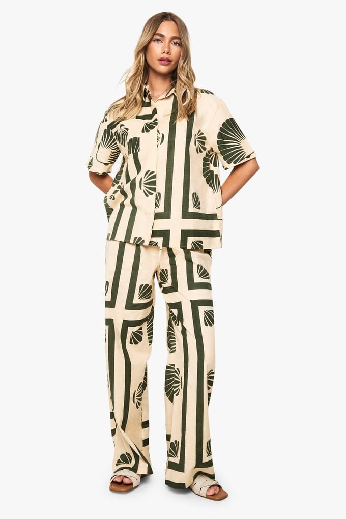 boohoo Dames Shell Print Linnen Resort Shirt | Ecru | Maat: 6