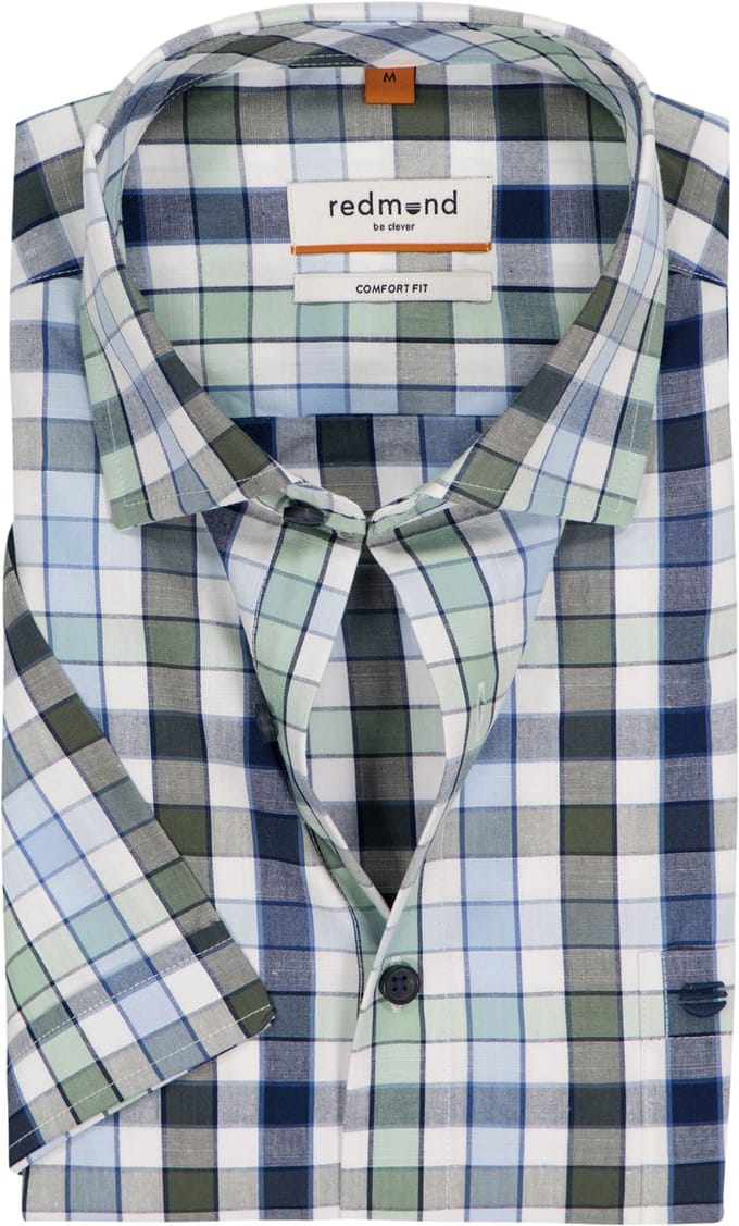 Redmond comfort fit overhemd - korte mouw - chambray - wit - lichtblauw - groen - donkerblauw geruit