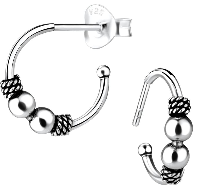 Joy|S - Zilveren Bali oorringen stud - 2 balletjes - 14 mm - geoxideerd