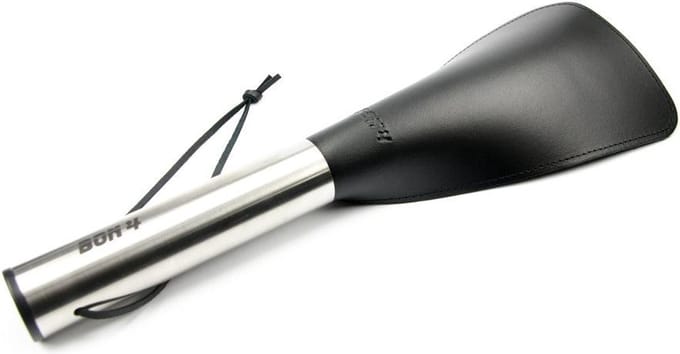 BON4 - Korte lederen paddle met roestvrijstalen handvat - Zwart/Zilver