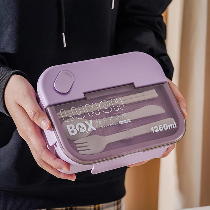 3-vaks Lunchbox 1250ml Paars Anti-lek PS PP Silicone Magnetronbestendig Bento Lunchbox voor gray