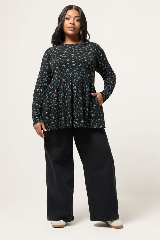 Yours Blauwe Peplum Top Met Bloemenprint Size 44