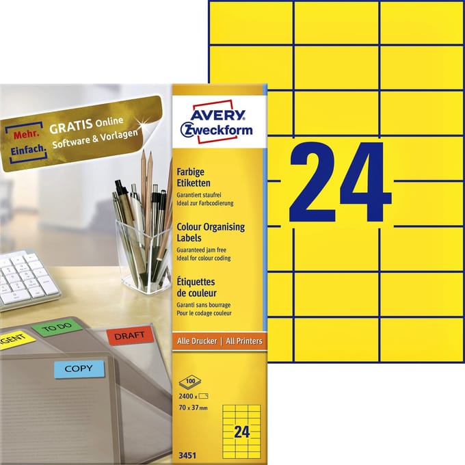 Avery Gekleurde Etiketten, geel, 70,0 x 37,0 mm, permanent klevend