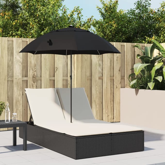 vidaXL - Ligbed - 2-persoons - met - kussens - en - parasol - poly - rattan - zwart