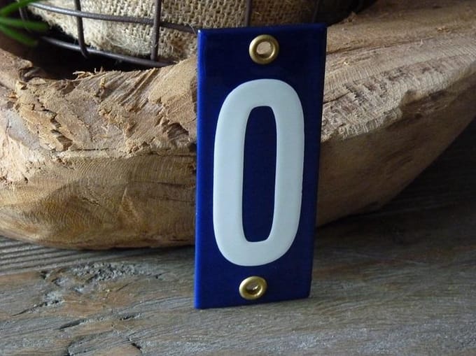Emaille huisnummer 10x4 blauw/wit nr. 0