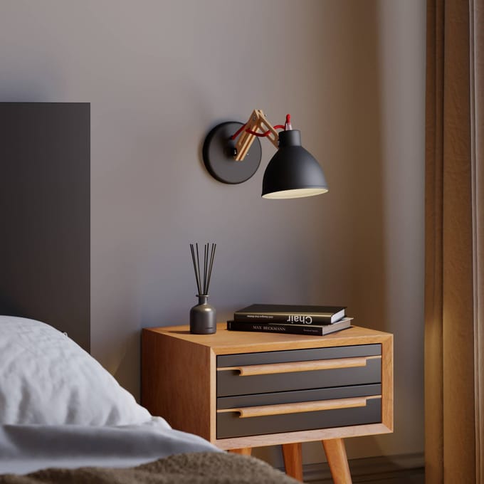 Lamkur Wandlamp Skansen, houten arm verstelbaar, zwart