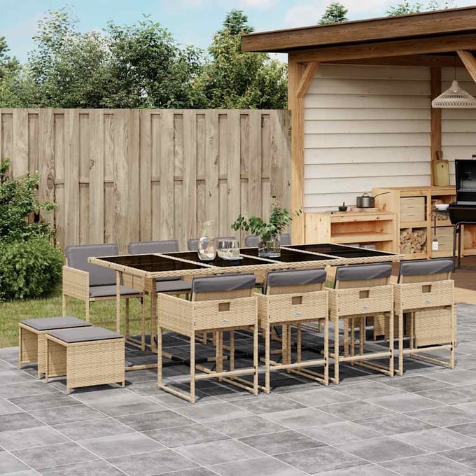 vidaXL - 13-delige - Tuinset - met - kussens - poly - rattan - gemengd - beige
