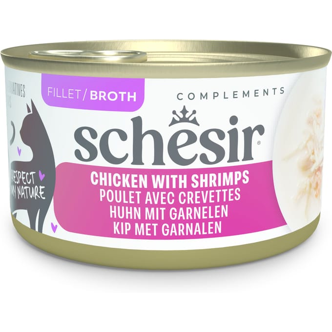 12x 70g Schesir Complements in Brühe Huhn mit Garnelen Katzenfutter nass