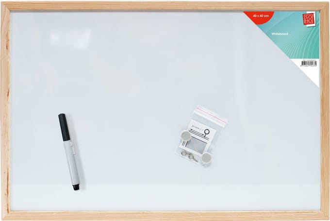 SOHO Whiteboard – Whiteboard met hout – Uitwisbare whiteboard – Whiteboard inclusief magneten – Kunststof – 40 x 60 cm – Wit