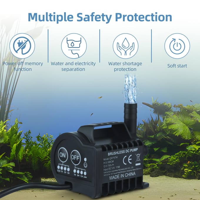 Mini pompe à eau 12 V avec synchronisation marche/arrêt à 4 vitesses, fonction d'accélération et de décélération, max 700 L/H QR70TH noir