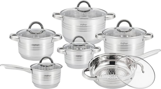 Cheffinger Pannenset - 12-delig - Zilver - RVS - Kookpannen - Inductie