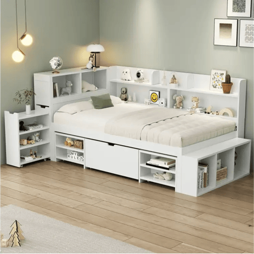 KOMHTOM Kinderbed 90*200 cm, met laden, planken en opbergruimte, lattenbodem, wit