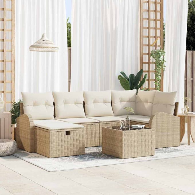 vidaXL - Bankstel - 7 - st - Beige - en - Crème - poly - rattan