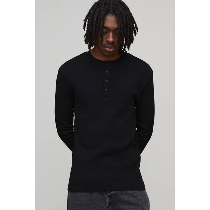 Muscle Fit geribbeld Henley T-shirt met Henley-hals | Black | Size Large