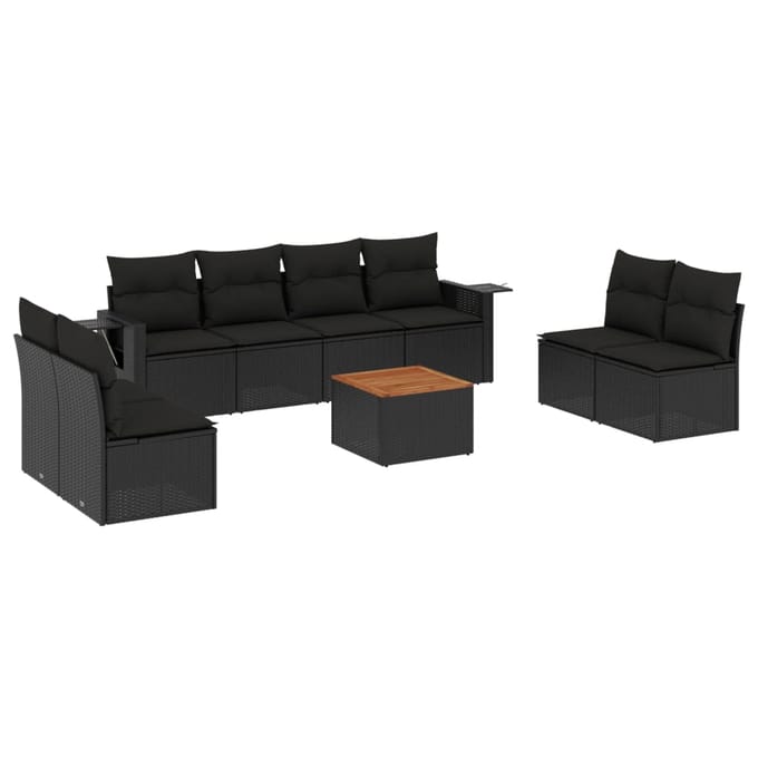 vidaXL - 9-delige - Loungeset - met - kussens - poly - rattan - zwart