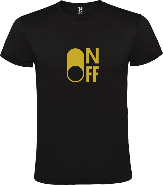 Zwart T-Shirt met “ On/Off Button OFF “ afbeelding Goud Size M
