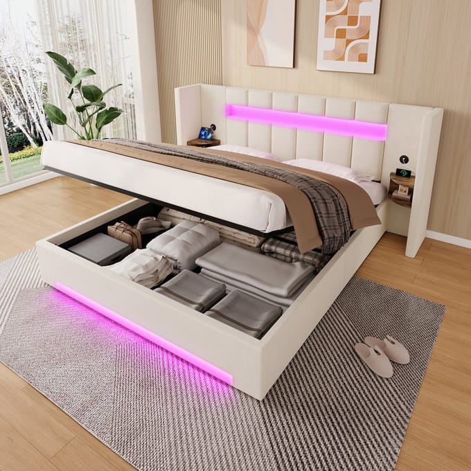 MODFU Gestoffeerd Bedframe - Breed Hoofdbord, USB-Aansluitingen - Retro - Slaapkamer - Fluweel - Beige - 180 x 200 cm