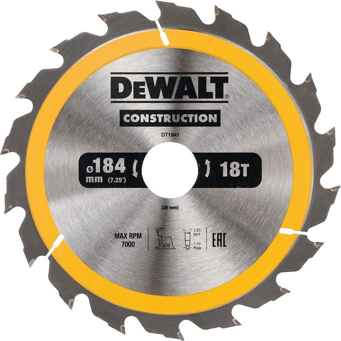 DeWALT Construction Serie - Cirkelzaagblad - 184mm - ATB Tanden - 18T