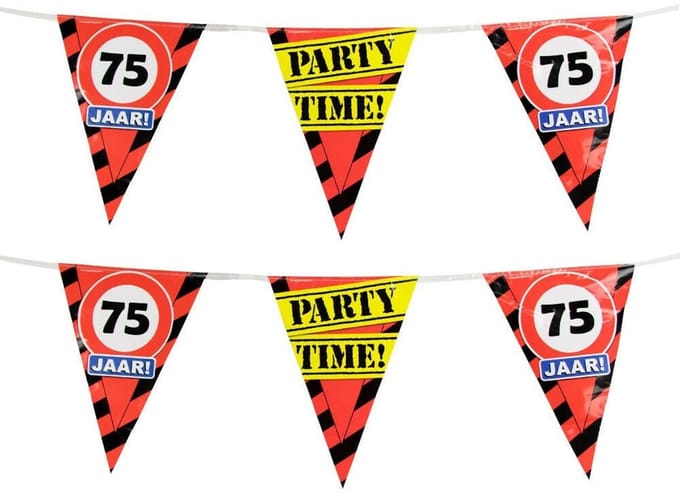 75 jaar verjaardag vlaggenlijn - 2x - 10 meter - stopborden - plastic - versiering - feestartikelen