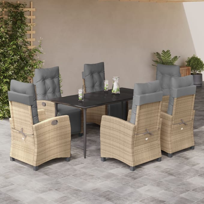 vidaXL - 7-delige - Tuinset - met - kussens - poly - rattan - gemengd - beige