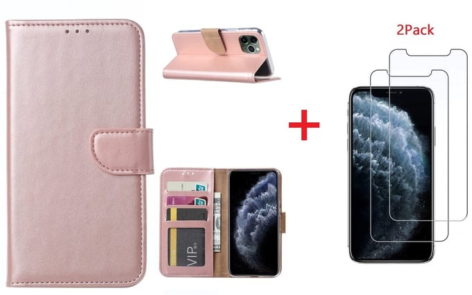 Hoesje Geschikt voor iPhone 11 Pro Max Portemonnee hoesje + 2X Screenprotector - Rosegoud