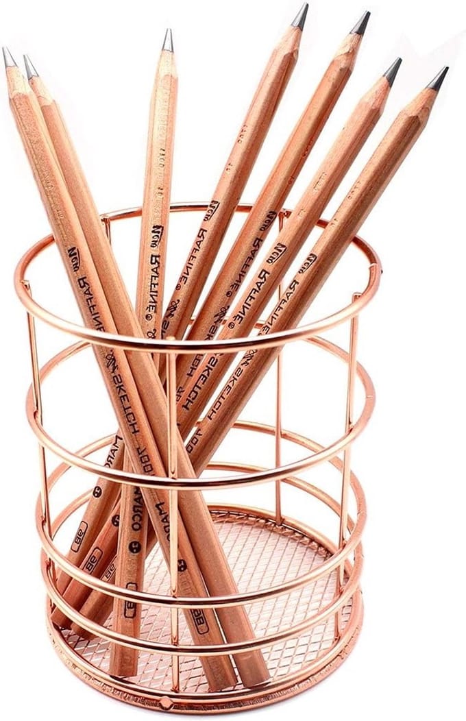 Metalen bureau-organizer voor pennen en make-upkwasten, koper en roségoud, stijlvol en functioneel