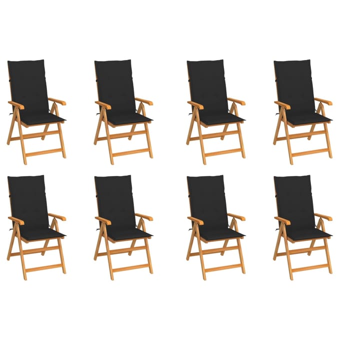 vidaXL - Verstelbare - klapstoelen - met - kussens, - 8 - stuks, - massief - teakhout
