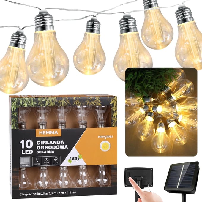 Zonne-tuin guirlande 10 LED Warm Wit, Lichtsnoer 3.8m