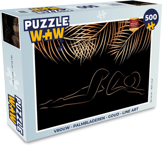 Puzzel Vrouw - Palmbladeren - Goud - Line art - Legpuzzel - Puzzel 500 stukjes